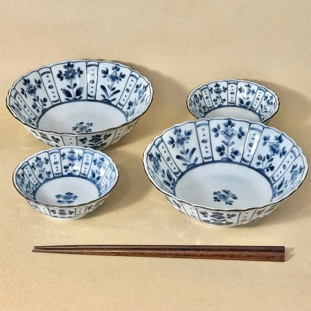 Japanese Tachikichi Blue White Mino Ware Porcelain Bowl Set, 2 Medium + 2 Small